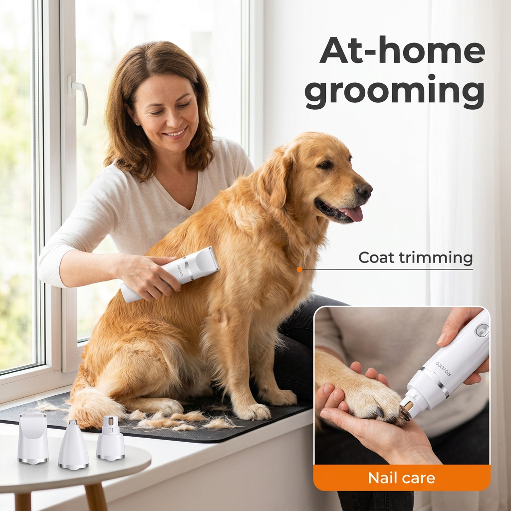 At-home grooming with coat trimming and nail-care detail