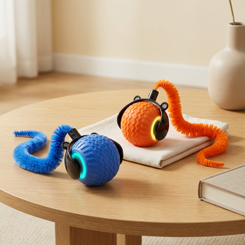 Blue and orange toys with fuzzy tails in a styled room