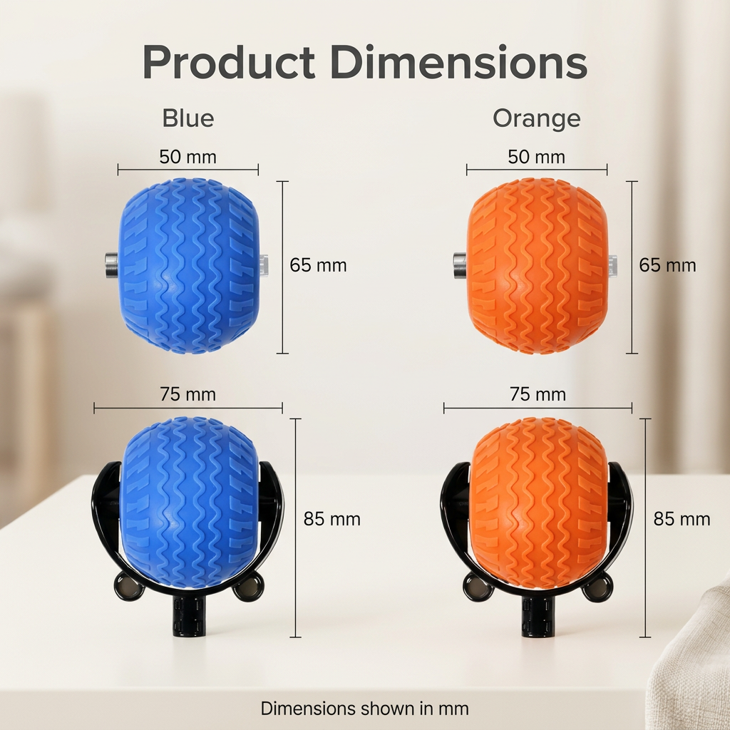 Blue and orange wheel toys with dimensions