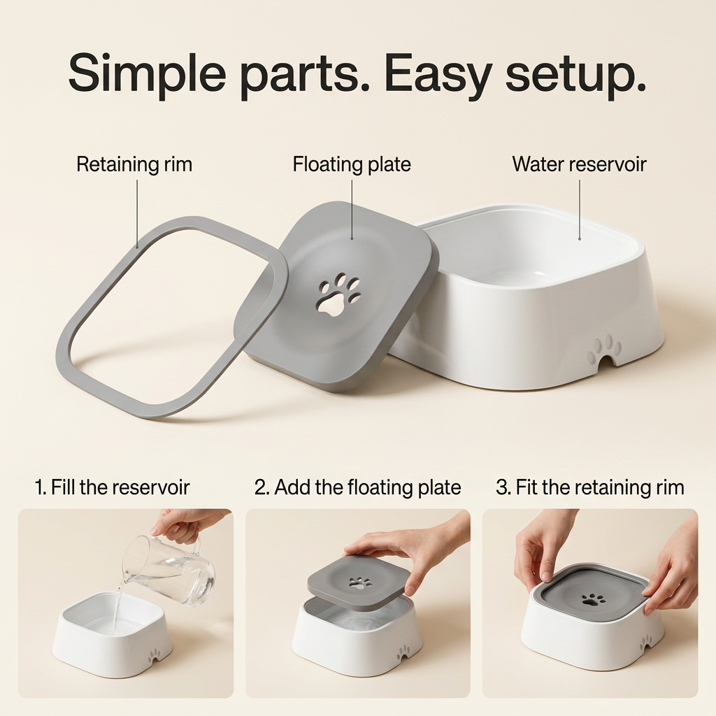 Bowl components and illustrated filling steps with English labels