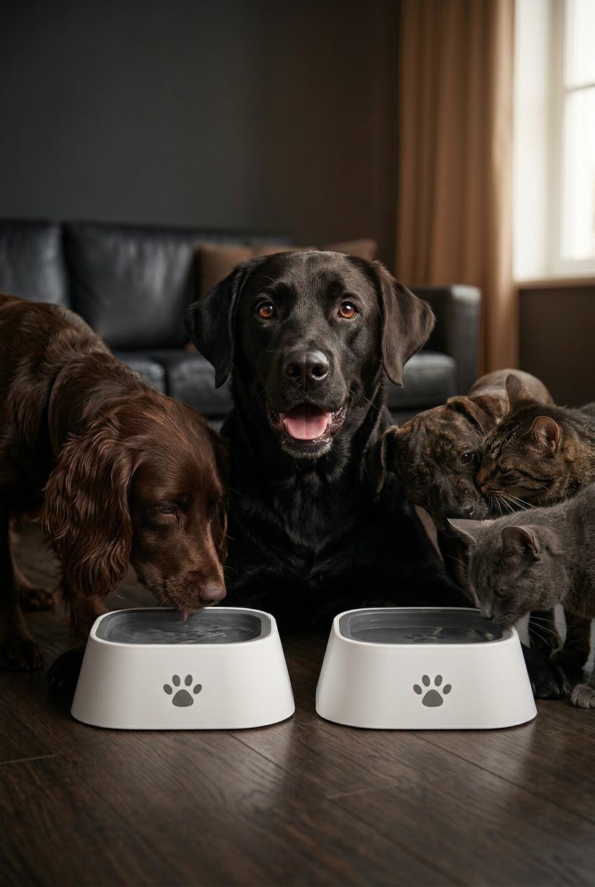 Candid portrait of dogs and cats interacting around two bowls
