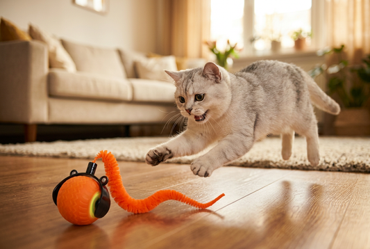 Cat mid-pounce toward an orange toy with one fuzzy tail