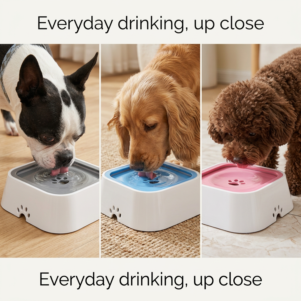 Different dogs using the bowls in realistic home settings