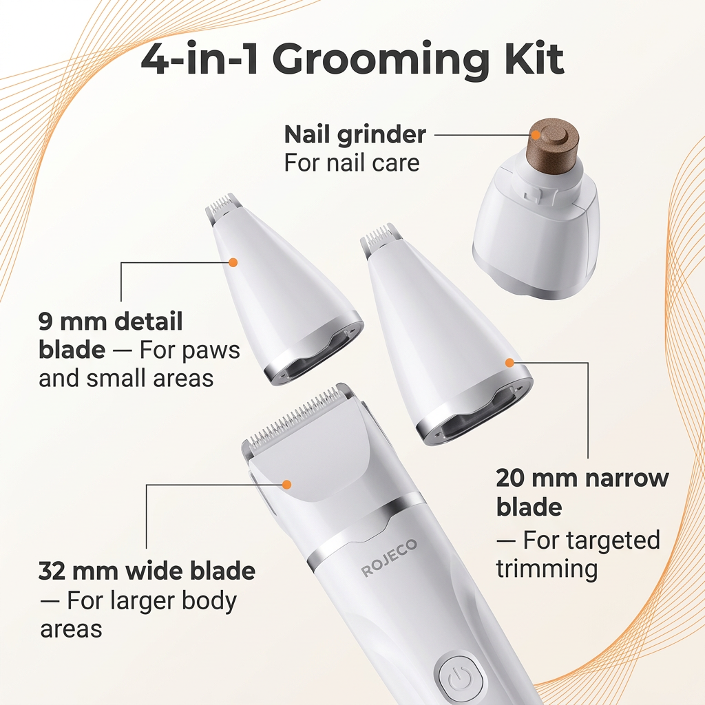 Four-in-one grooming attachments with readable feature labels