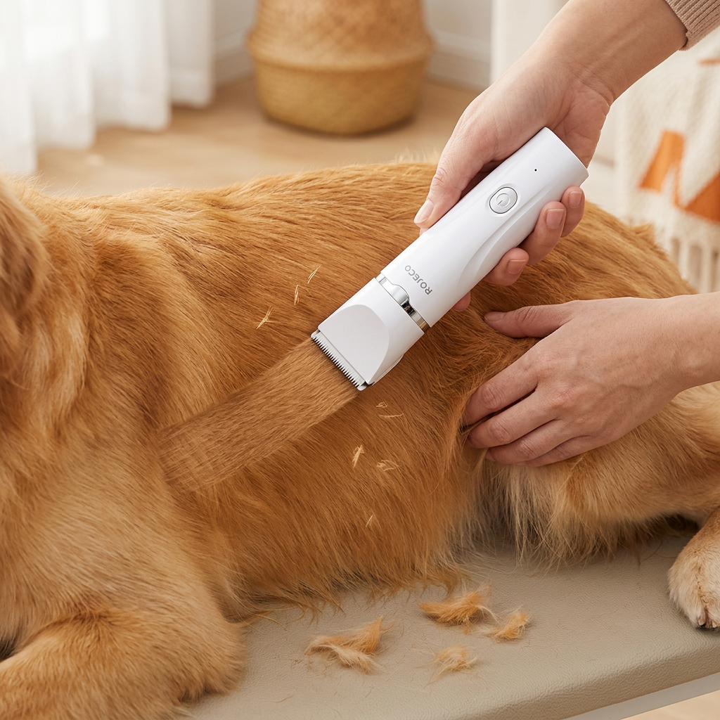 Realistic at-home dog trimming with visible clipped fur