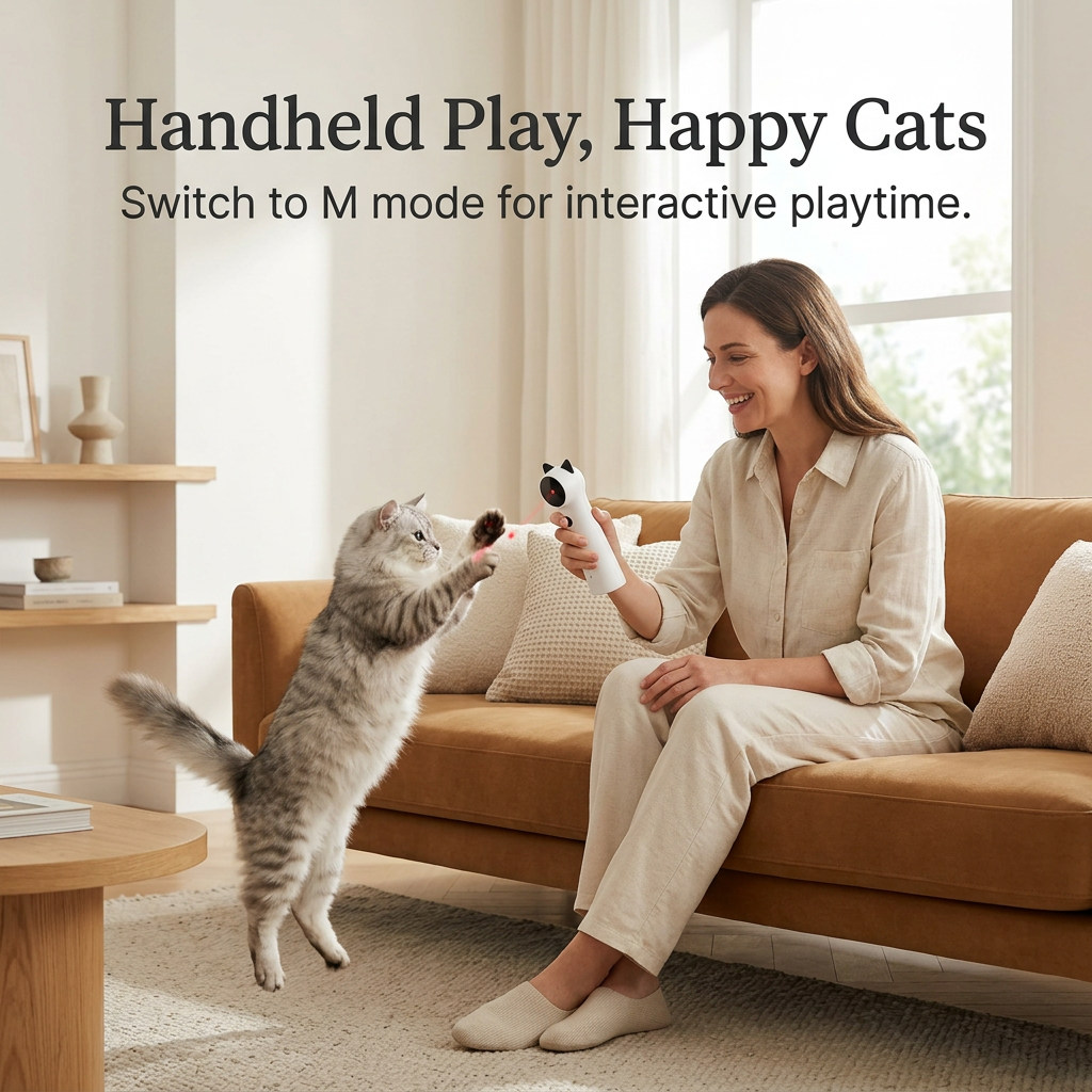 Smiling woman playing with a jumping cat, with a red dot on its paw